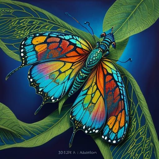 Whimsical Caterpillar with Iridescent Wings on Leaf