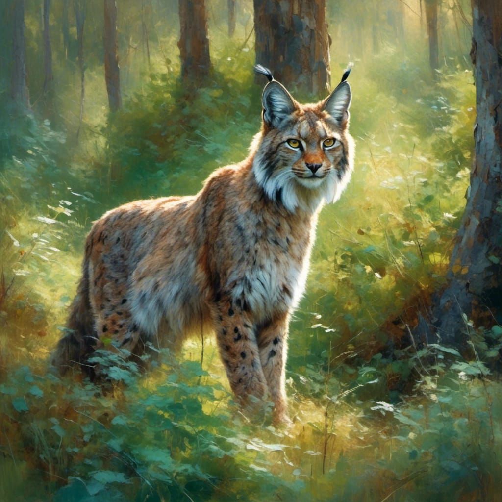 Lynx Stalking Prey in Forest, Cinematic Lighting