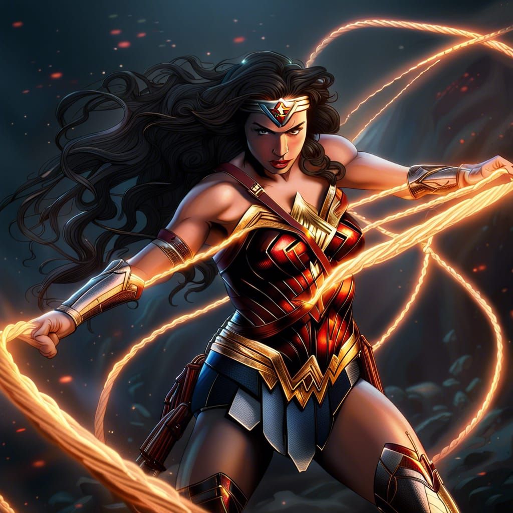 Wonder Woman Attacks with Glowing Rope: Fantasy Art