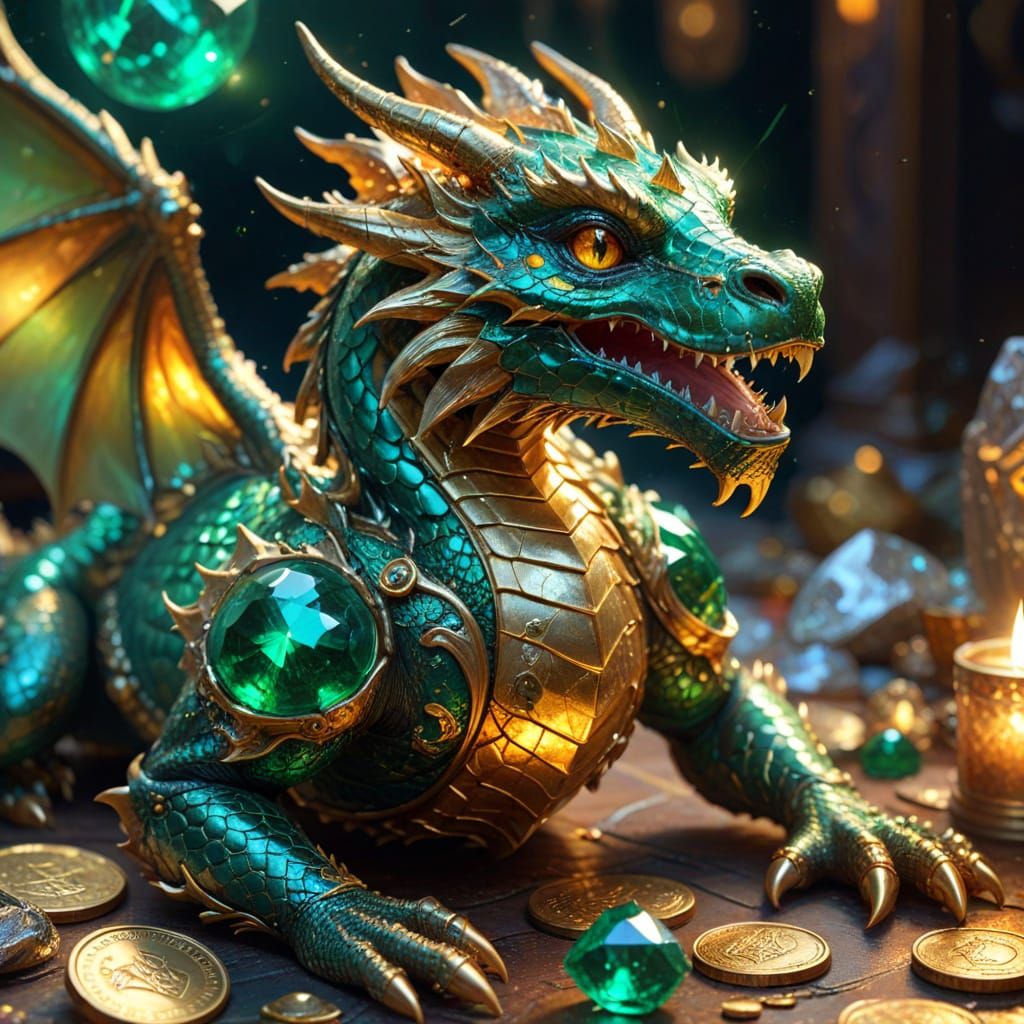 Golden Dragon Hatchling with Emerald Shard