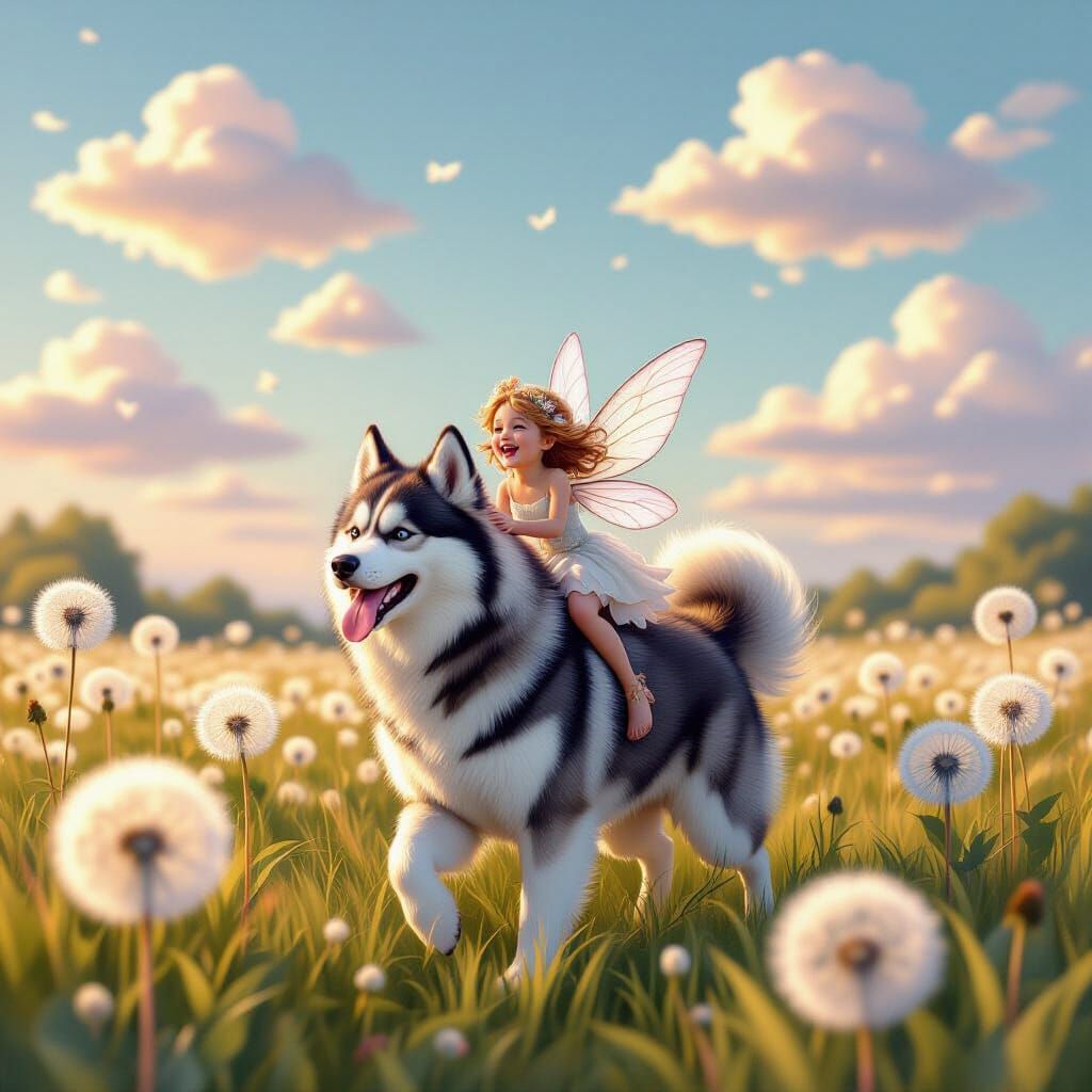 Fairy Riding Husky Through Glowing Dandelions in Pastel Sky