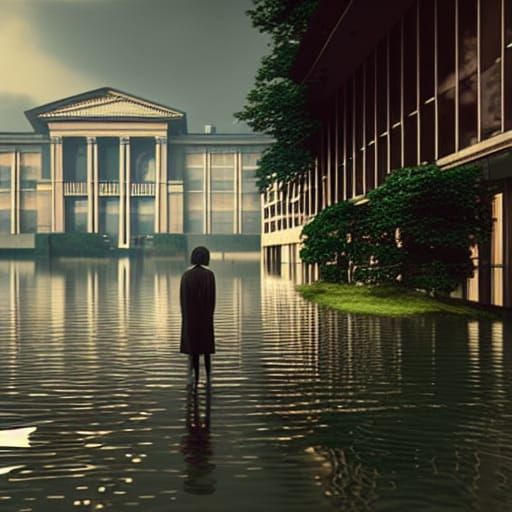 Futuristic Professor in Flooded College, Artstation Quality