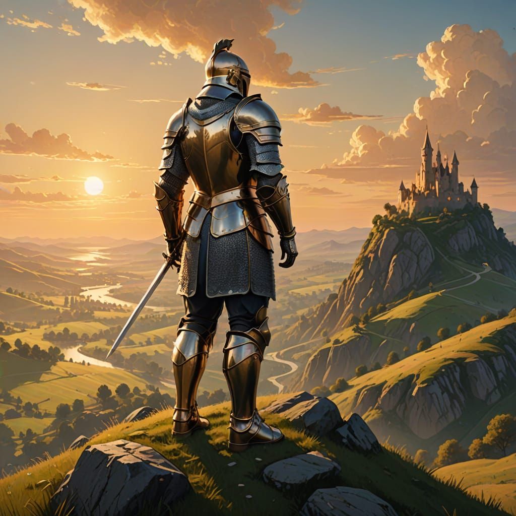 Fantasy Knight in Serene Landscape at Golden Hour