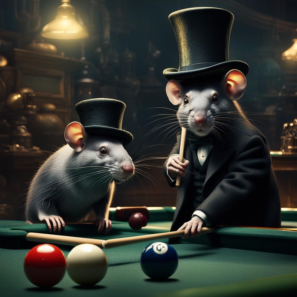 Rats in Top Hat Play Pool: Digital Painting
