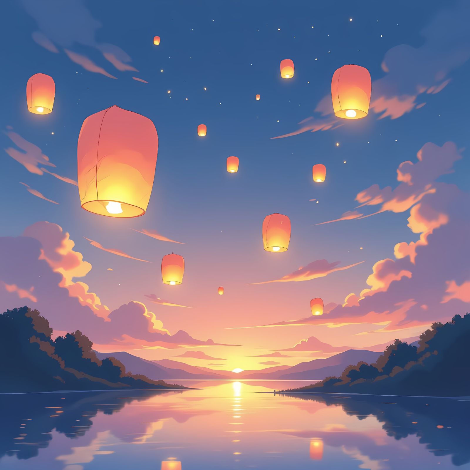 Floating Lanterns in Anime Style Sky