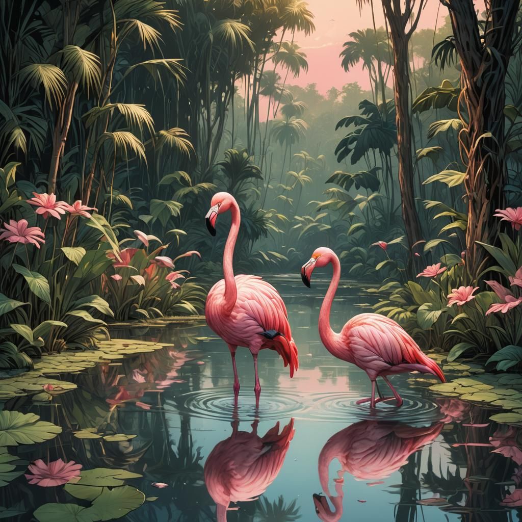 Pink Flamingo Reflection in Comic Book Style