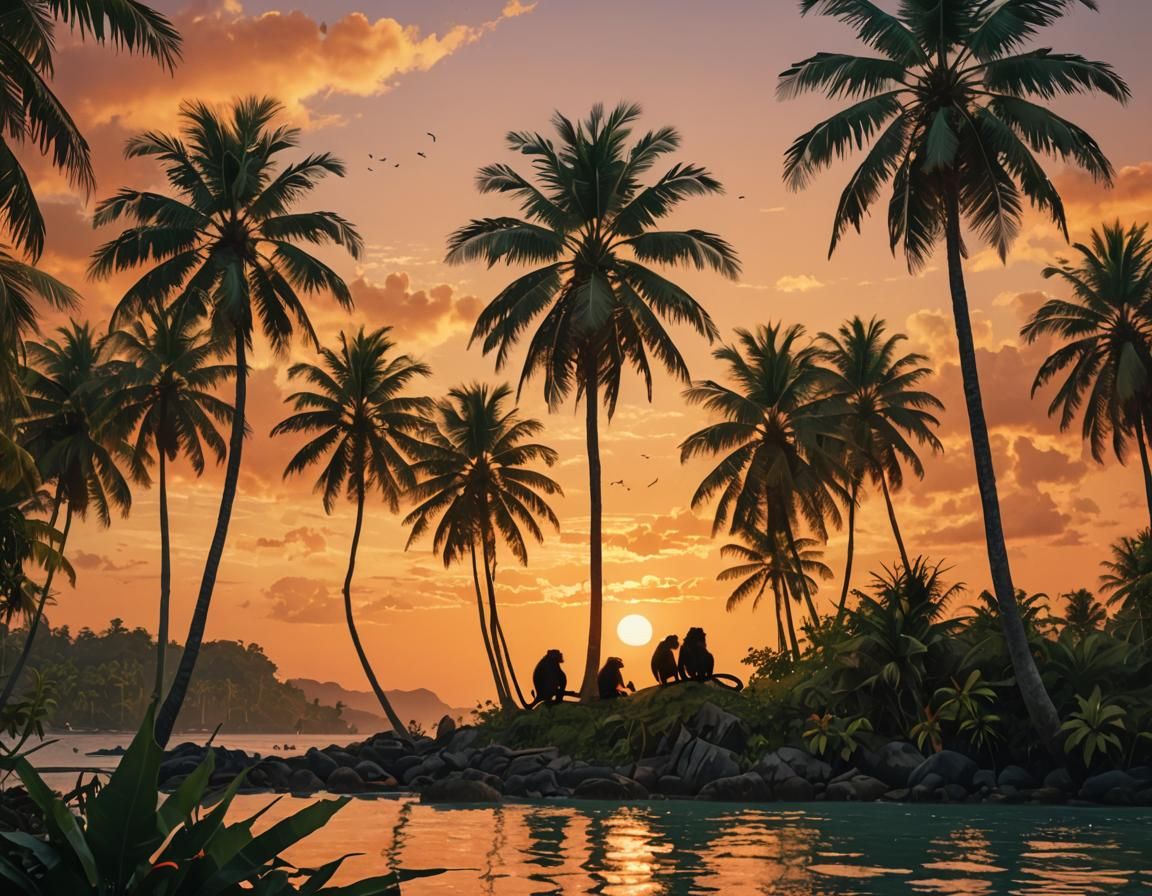 Tropical Island Monkeys in Gauguin Style