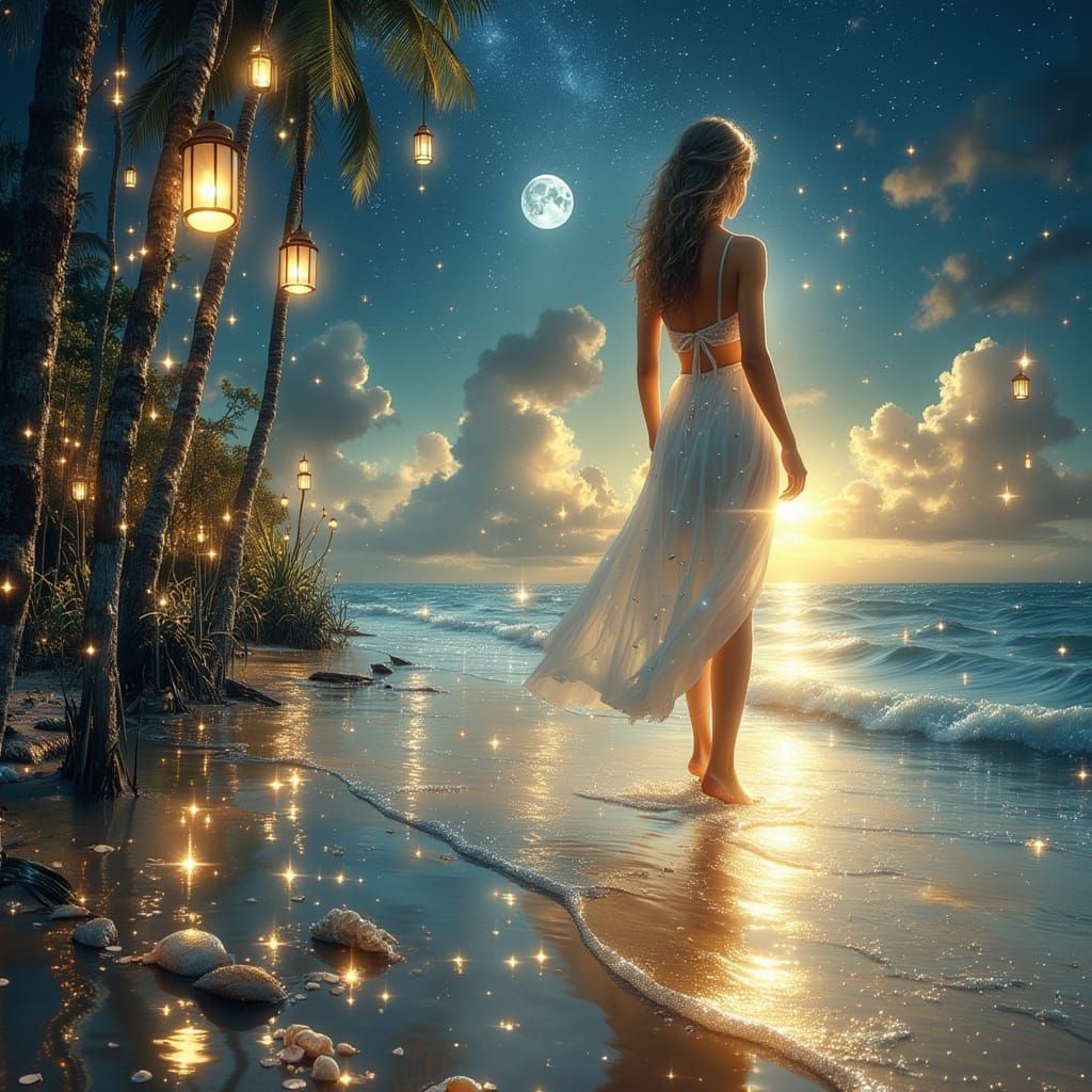 Moonlit Beach Walk: Magical Realism Scene