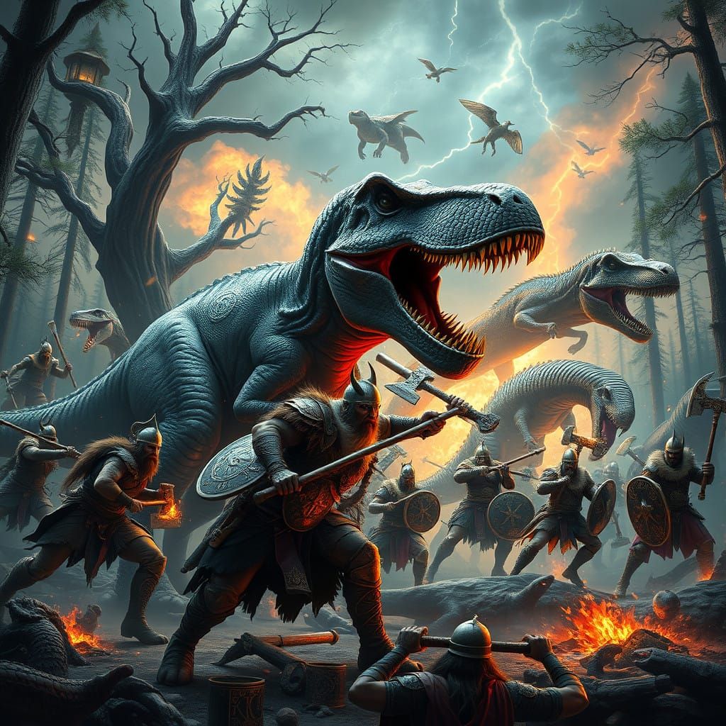 Epic Norse Warriors Clash with Ancient Dinosaurs in a Realms...
