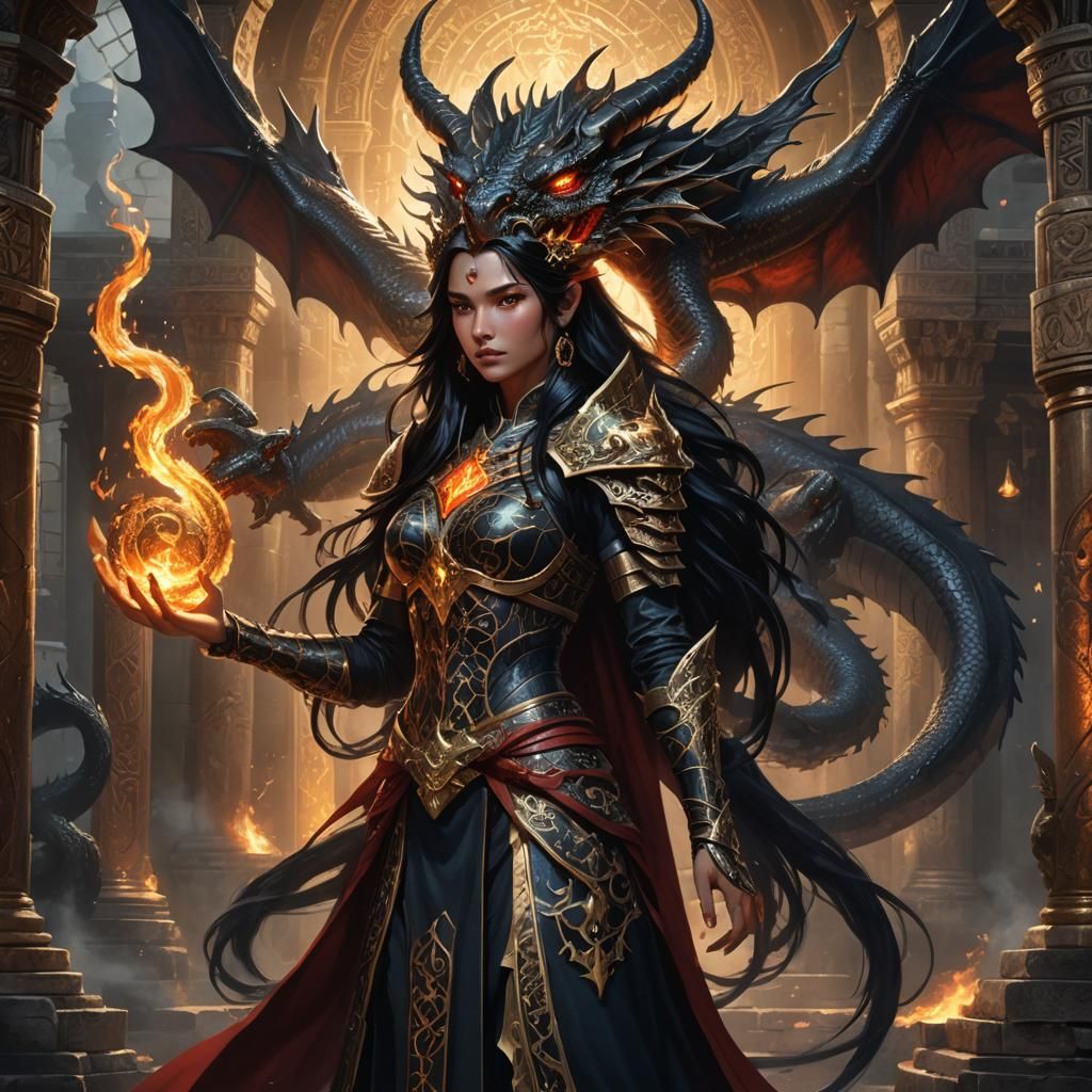 Sorceress and Fiery Dragon in Ancient Temple