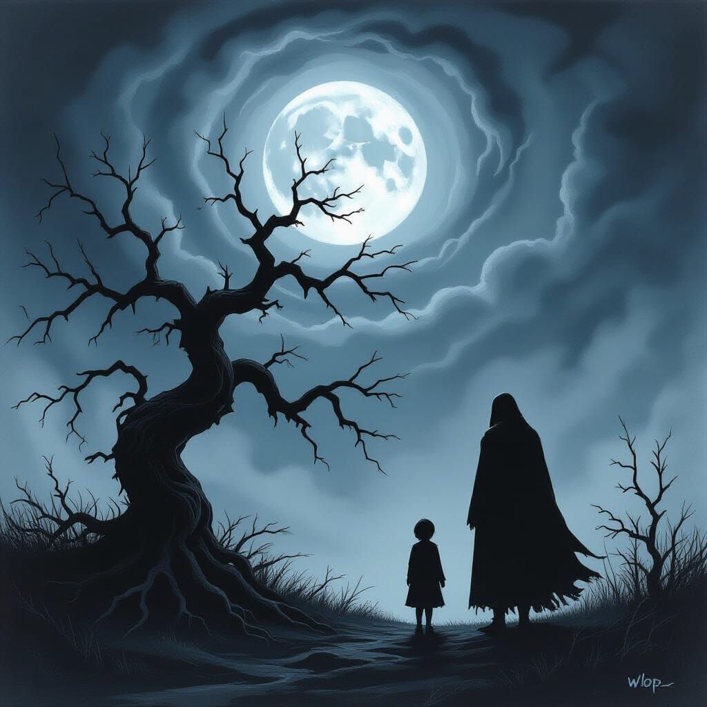 Monochromatic Neo-Primitivist Halloween Scene