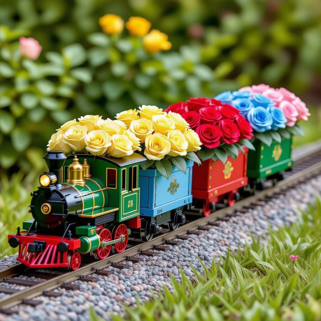 Whimsical Toy Train with Blooming Rose Cargo