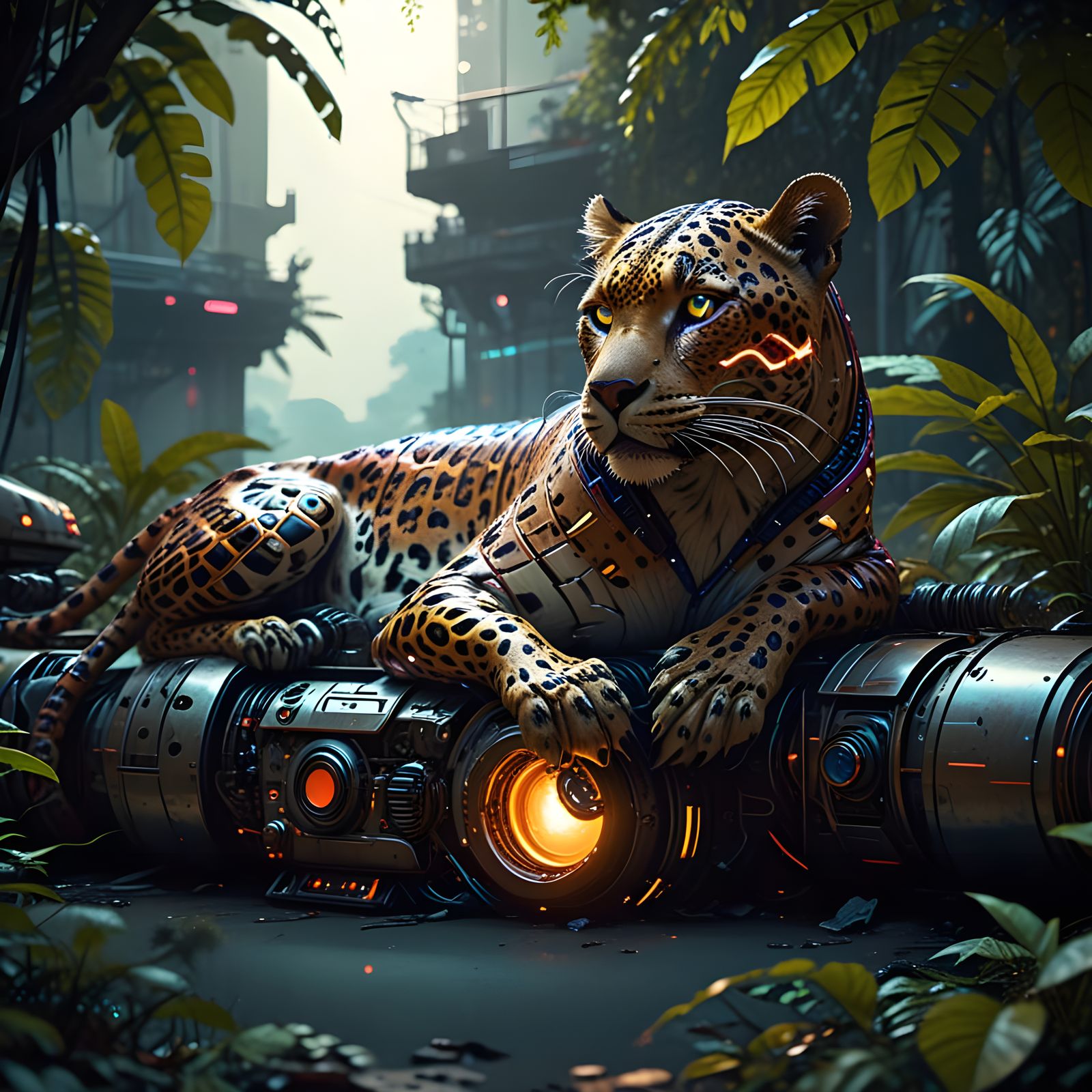 Mechanical Leopard Emerges from Amazon Jungle Twilight