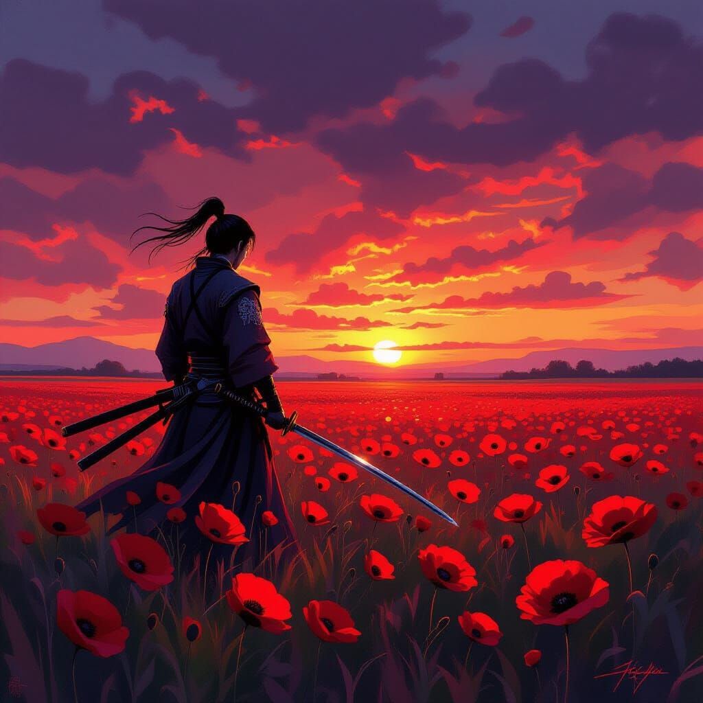 Samurai in Poppy Field at Sunset, Expressionist Oil Painting