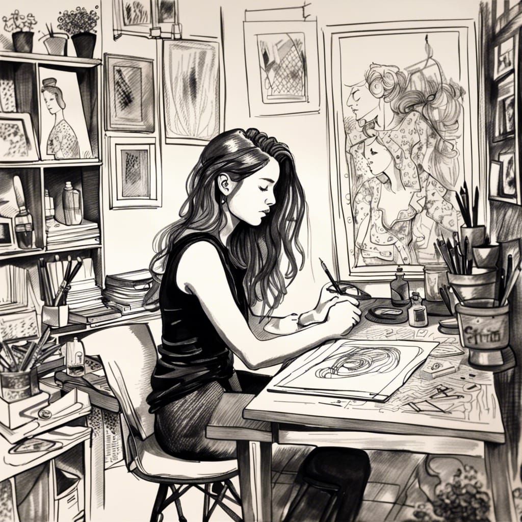 Ink Drawing: Woman Drawing Herself in Art Studio