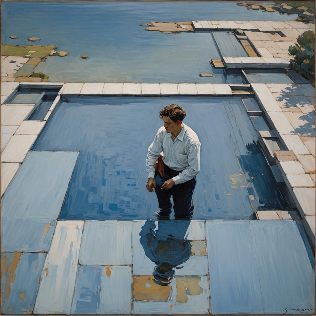 Mondrian-Inspired Blue Pool Painting in Minimalist Style