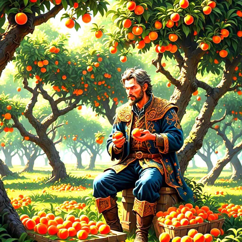 Pixel Art: Man Eating Peaches in Orchard