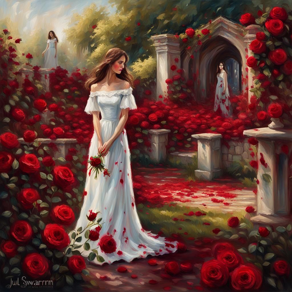 Woman in Blood-Red Rose Garden: Detailed Oil Painting