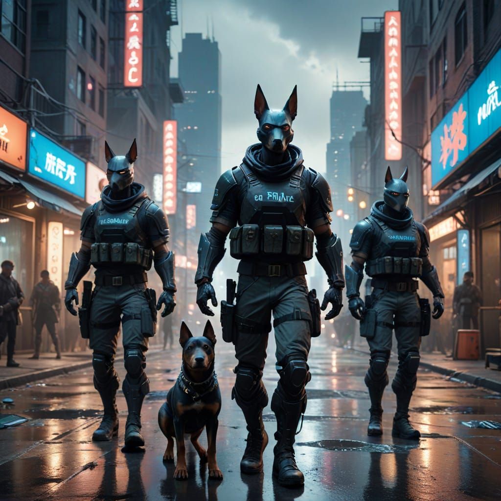Dobermans in SWAT Gear Stroll Down Urban Street Ready for Ba...