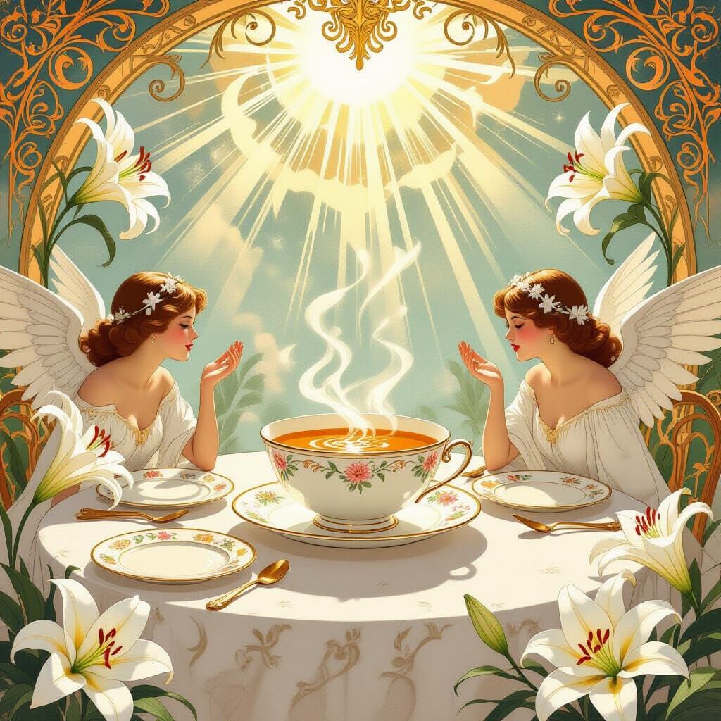 Art Nouveau Heavenly Feast with Soup and Lilies
