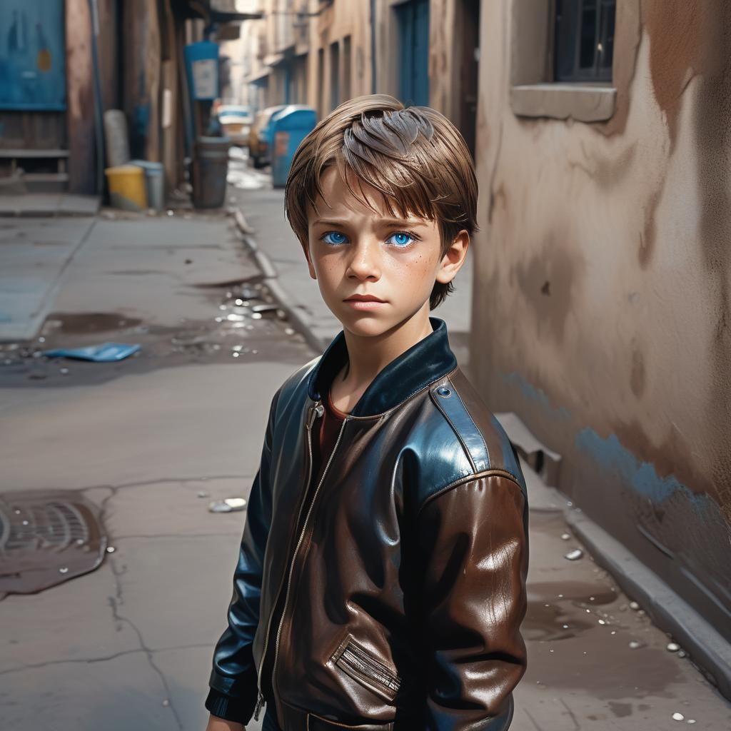 Hyperrealistic Portrait of Boy in Leather Outfit