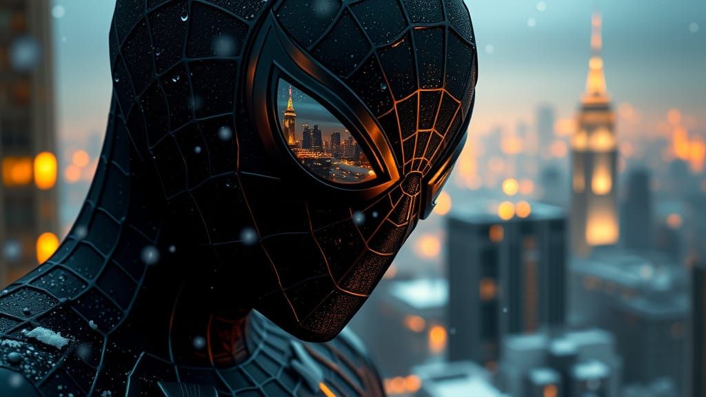 Heroic Spiderman in Futuristic Cityscape with Dramatic Light...