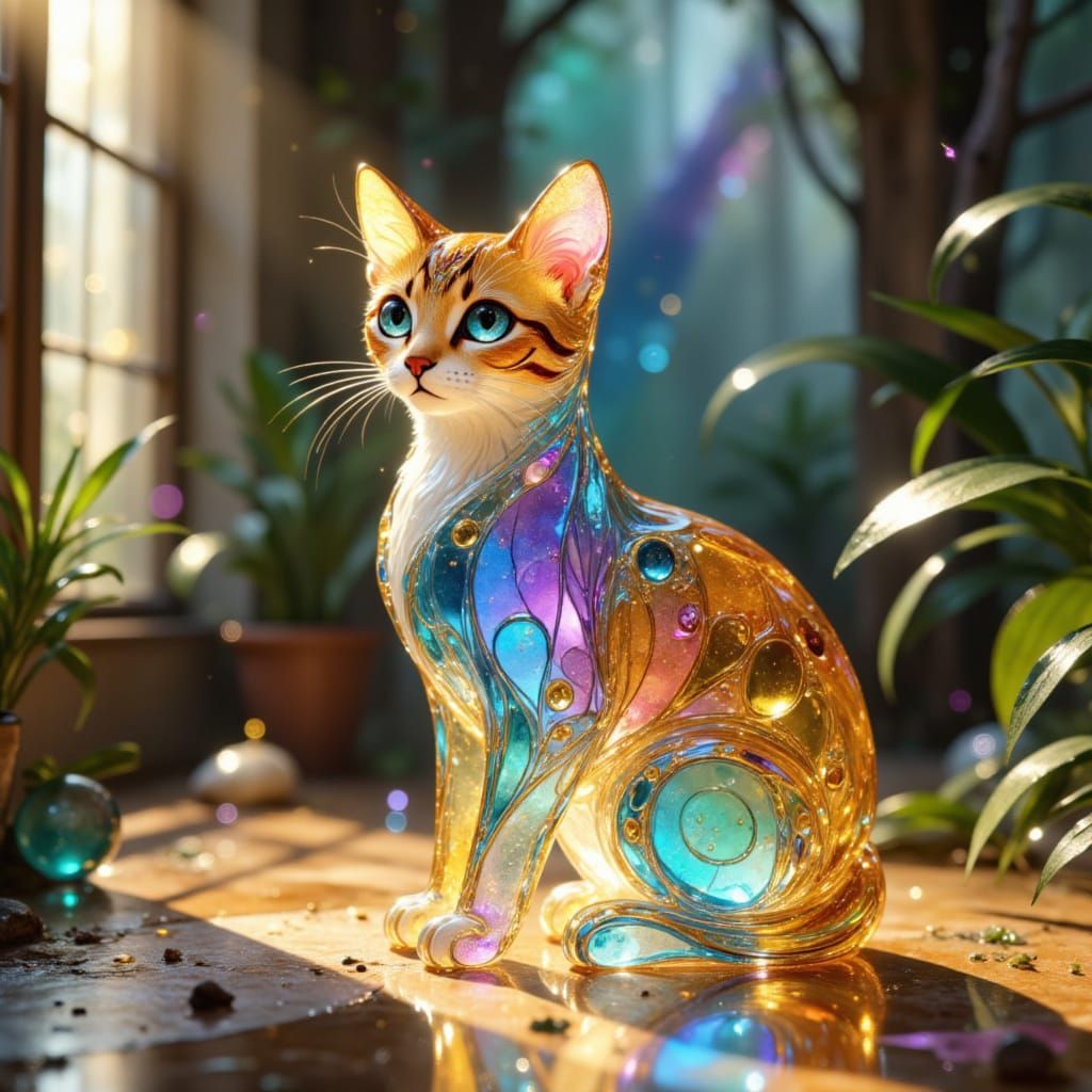 Mystical Glass Cat Guardian Casting Colorful Reflections