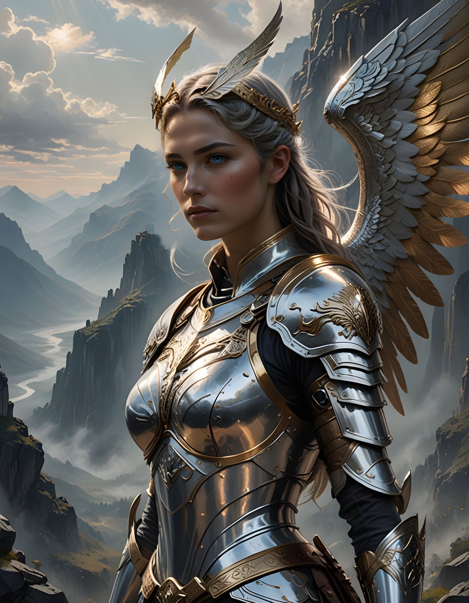Majestic Angelic Warrior Stands Tall in Mountain Landscape