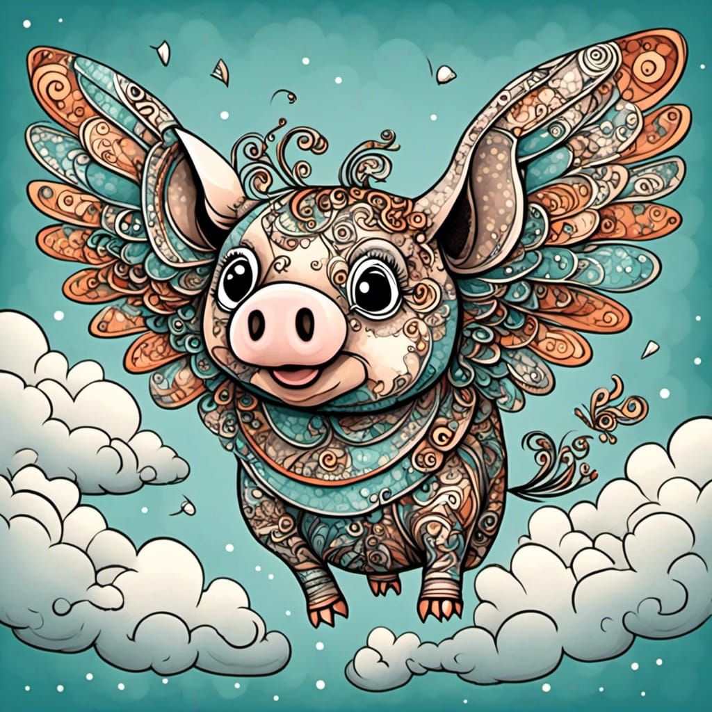 Flying Robot Pig in Zentangle Style
