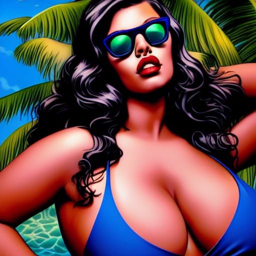 Sultry Curvy Model in Blue Bikini Comic Art