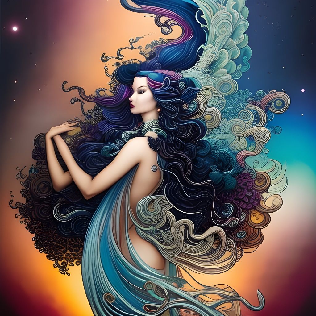 Elegant Ink Illustration of Woman with Flowing Hair