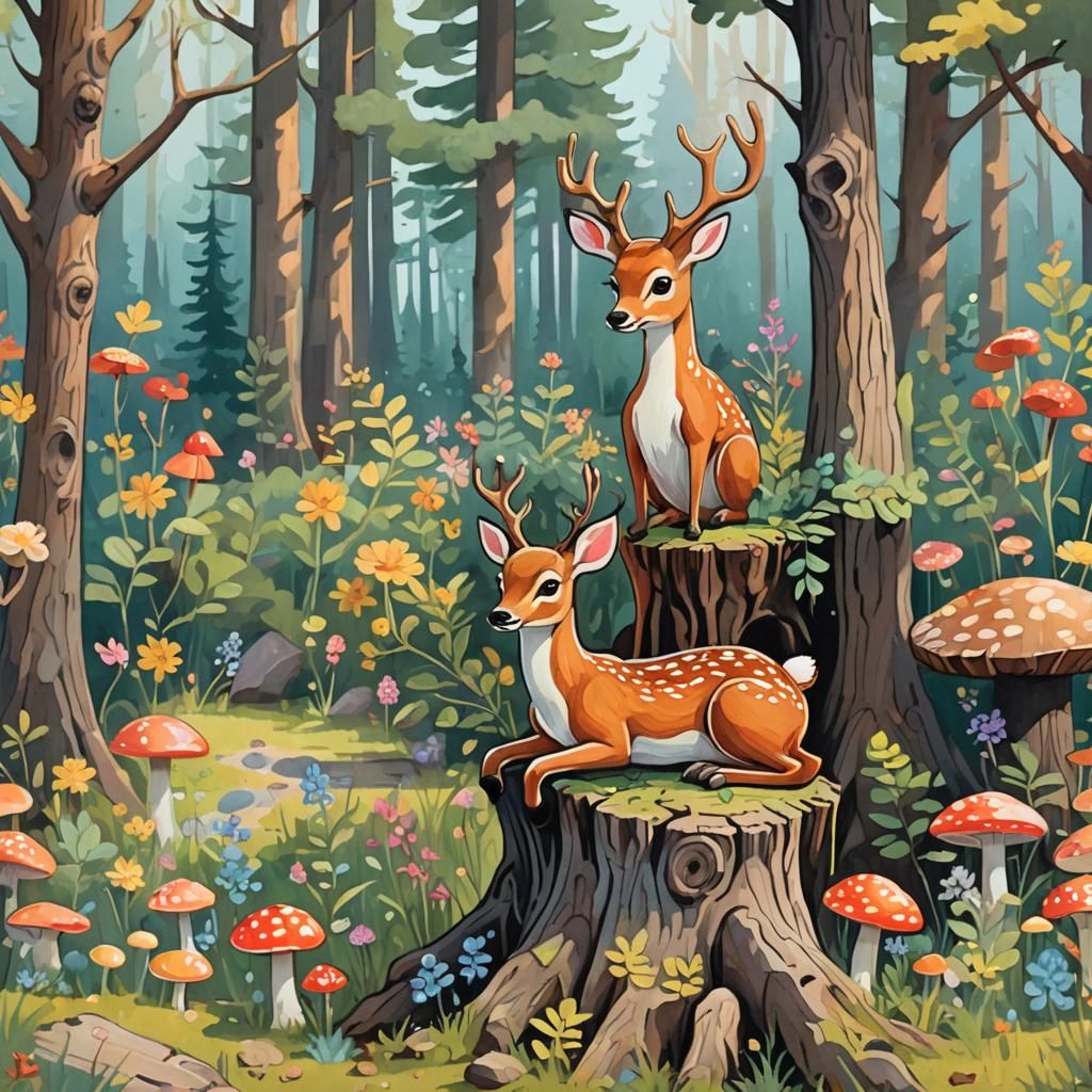 Cartoon Deer and Squirrel in Gouache Style