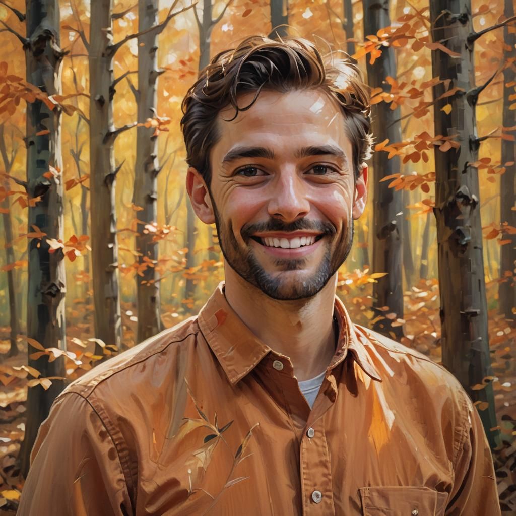 Smiling Man in Autumn Forest: Impressionist Oil Painting