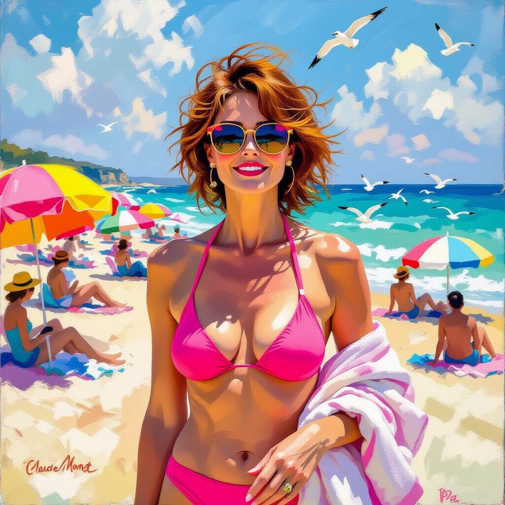 Impressionist Seaside Scene with Woman in Pink Bikini
