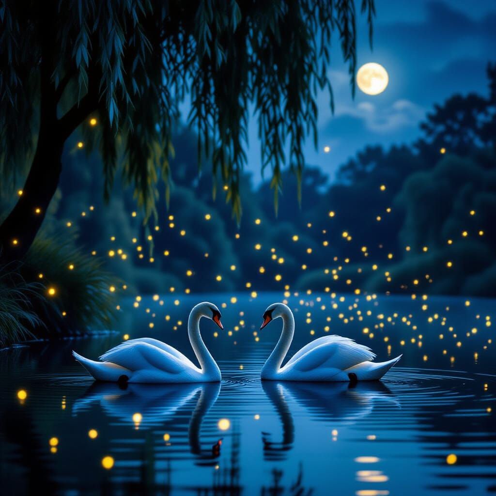 Elegant Swans on Moonlit Pond with Fireflies
