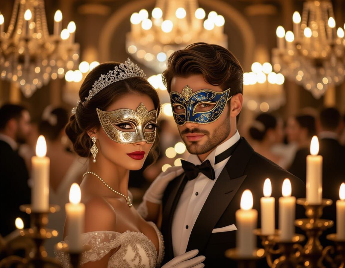 Elegant Couple at Masked Ball in Dramatic Light