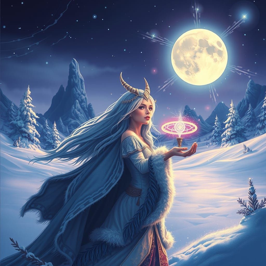 Snow Queen in Moonlit Winter Landscape