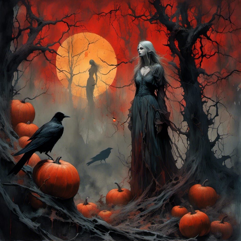 Eerie Witch in Forest of Glowing Pumpkins