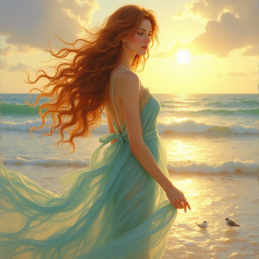 Sunset Seaside Woman in Art Nouveau Style