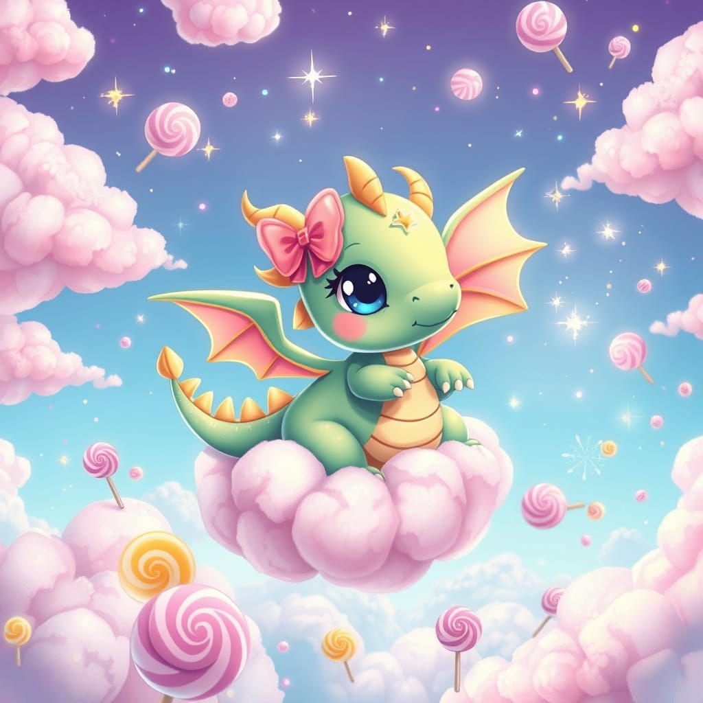 Imagine a cute chibi dragon soaring through a candy cloud sk...