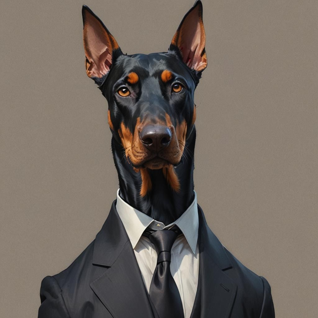 Doberman Pinscher in Black Suit, Detailed Portrait