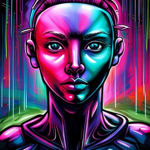 Cyborg Girl with Neon Armor in Graffiti Art Style