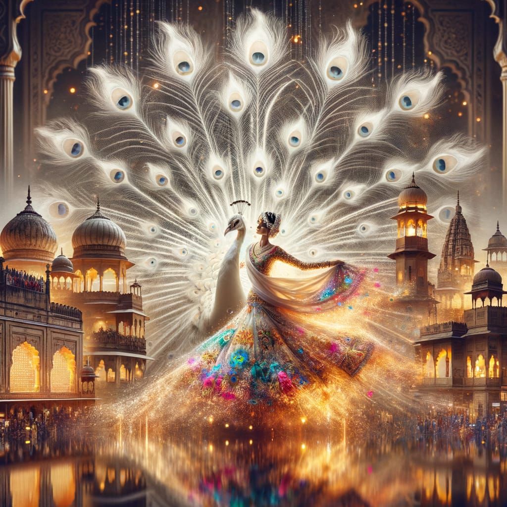 Majestic White Peacock with Indian Cityscape Double Exposure