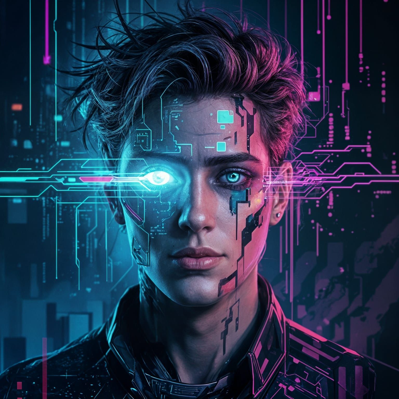 Cyberpunk Glitch Portrait in Digital Void