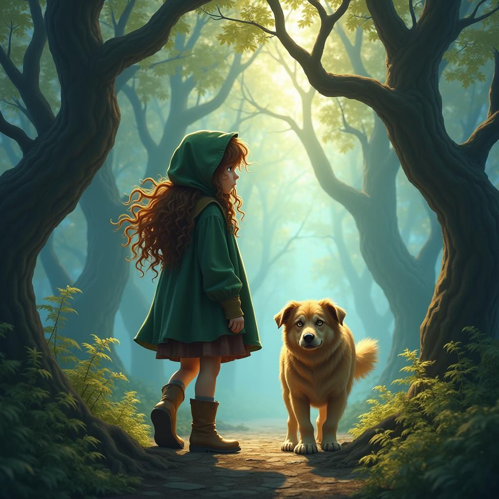 Enchanted Forest Scene with Girl and Dog