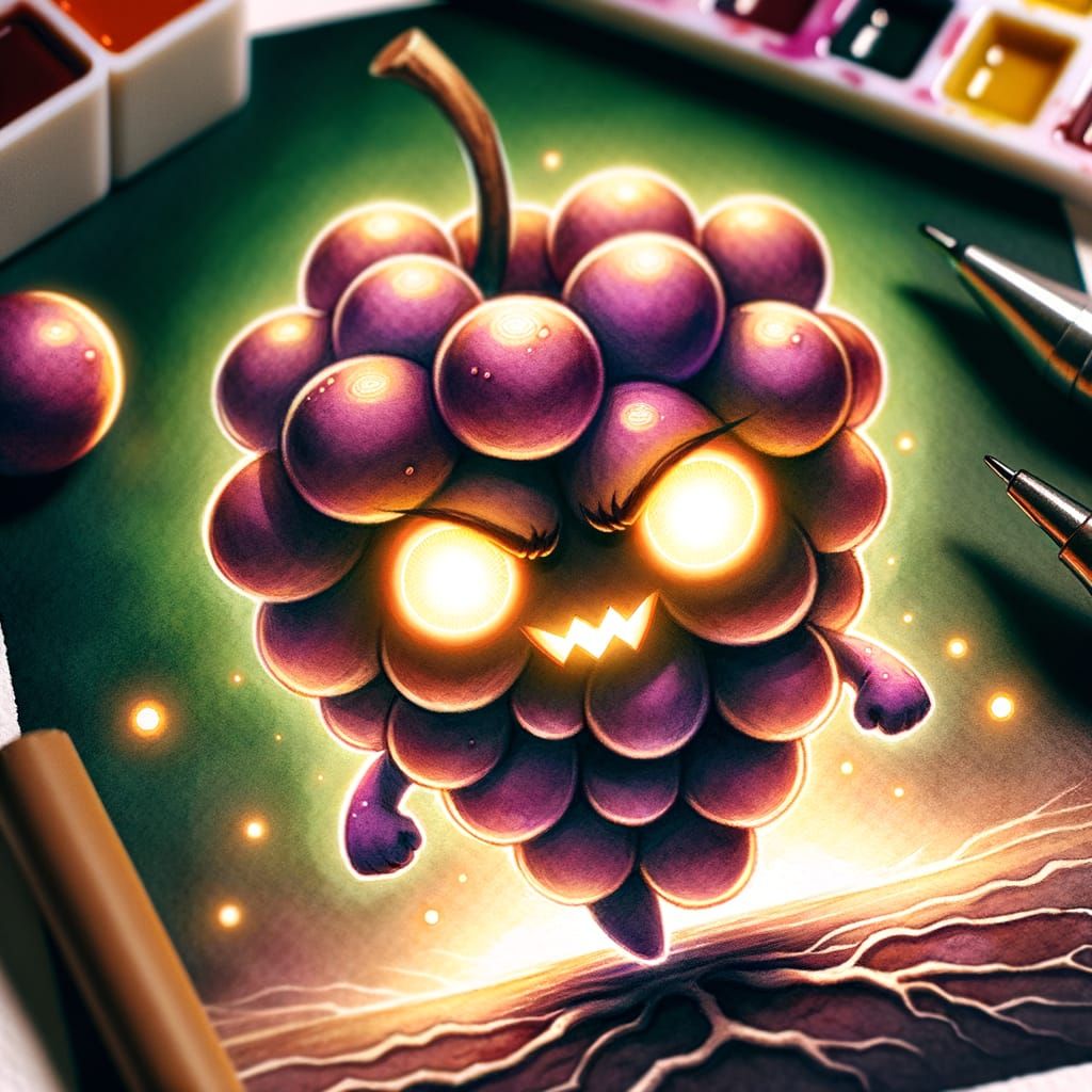 Sinister Chibi Grape Character in Watercolor Style