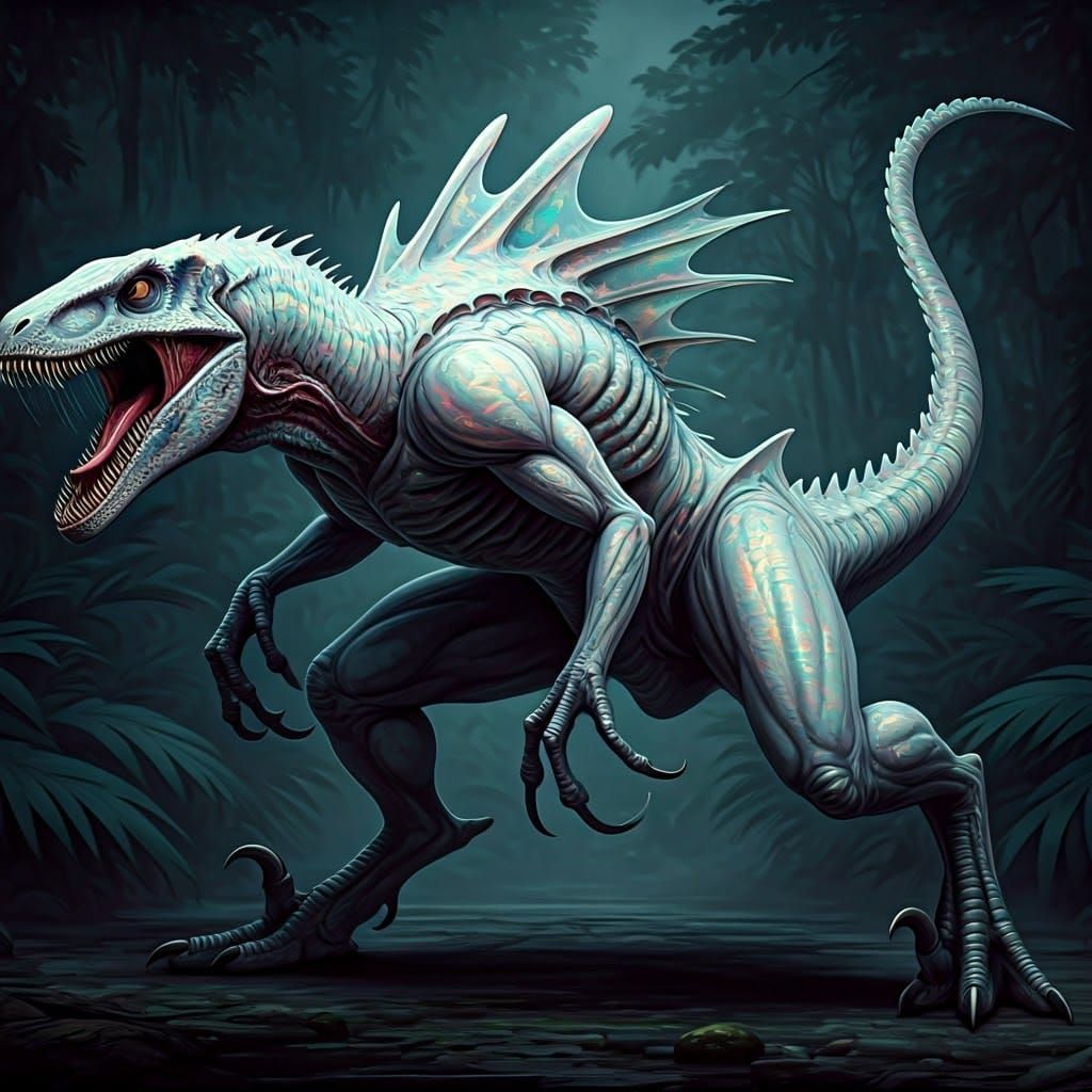 Xenomorph-Velociraptor Hybrid in Dark Jungle