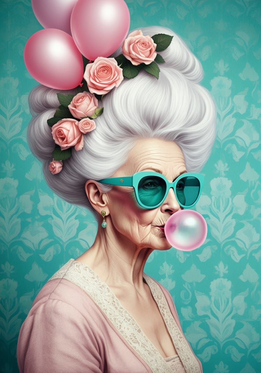 Elegant Elderly Woman in Whimsical Turquoise and Pink Portra...