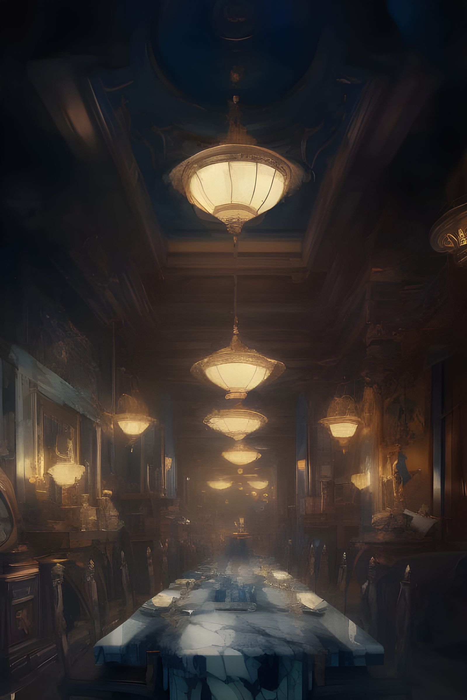 Navy and Marble Dining Room in Anime Art Style