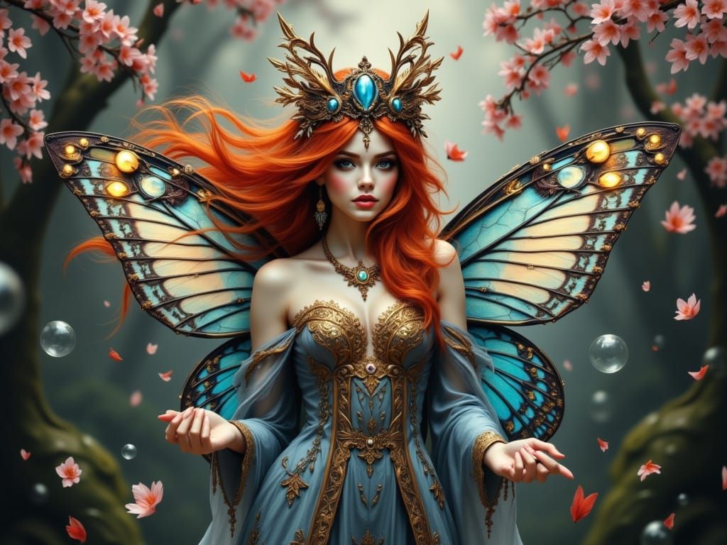 Enchanting Elvish Maiden with Fiery Hair and Butterfly Wings